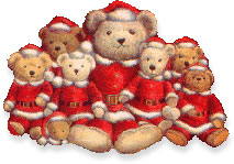 Christmas graphic of red santa teddy bears. Src=carlswebgraphics.com - free images for non-profits