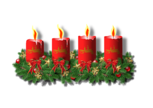 Christmas candles graphic of 4 lit candles in pine boughs. Src=pixabay.com