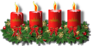 Four red christmas candles graphic in greenery. Src=pixabay.com