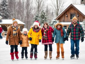 family of 6 side by side on outdoor ice skating rink