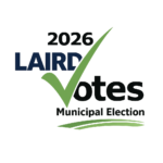 Logo for the 2026 election with a large green checkmark through the words 2026 Laird Votes Municipal Election