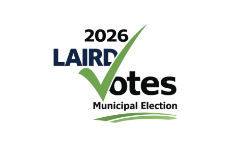 Logo for the 2026 election with a large green checkmark through the words 2026 Laird Votes Municipal Election