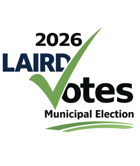 Logo for the 2026 election with a large green checkmark through the words 2026 Laird Votes Municipal Election