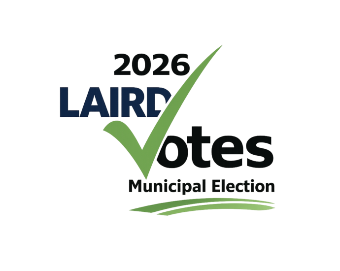 Logo for the 2026 election with a large green checkmark through the words 2026 Laird Votes Municipal Election