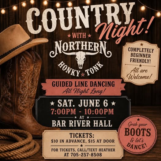 Poster advertising the details of Country Night on June 6, 2026 at Bar River