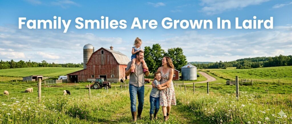 Family standing together on a farm with open fields and rural landscape, representing community life in Laird Township.