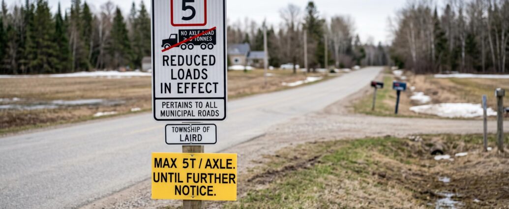 a white roadsign saying that 5 tonnes max standing by a melting snow roadway.