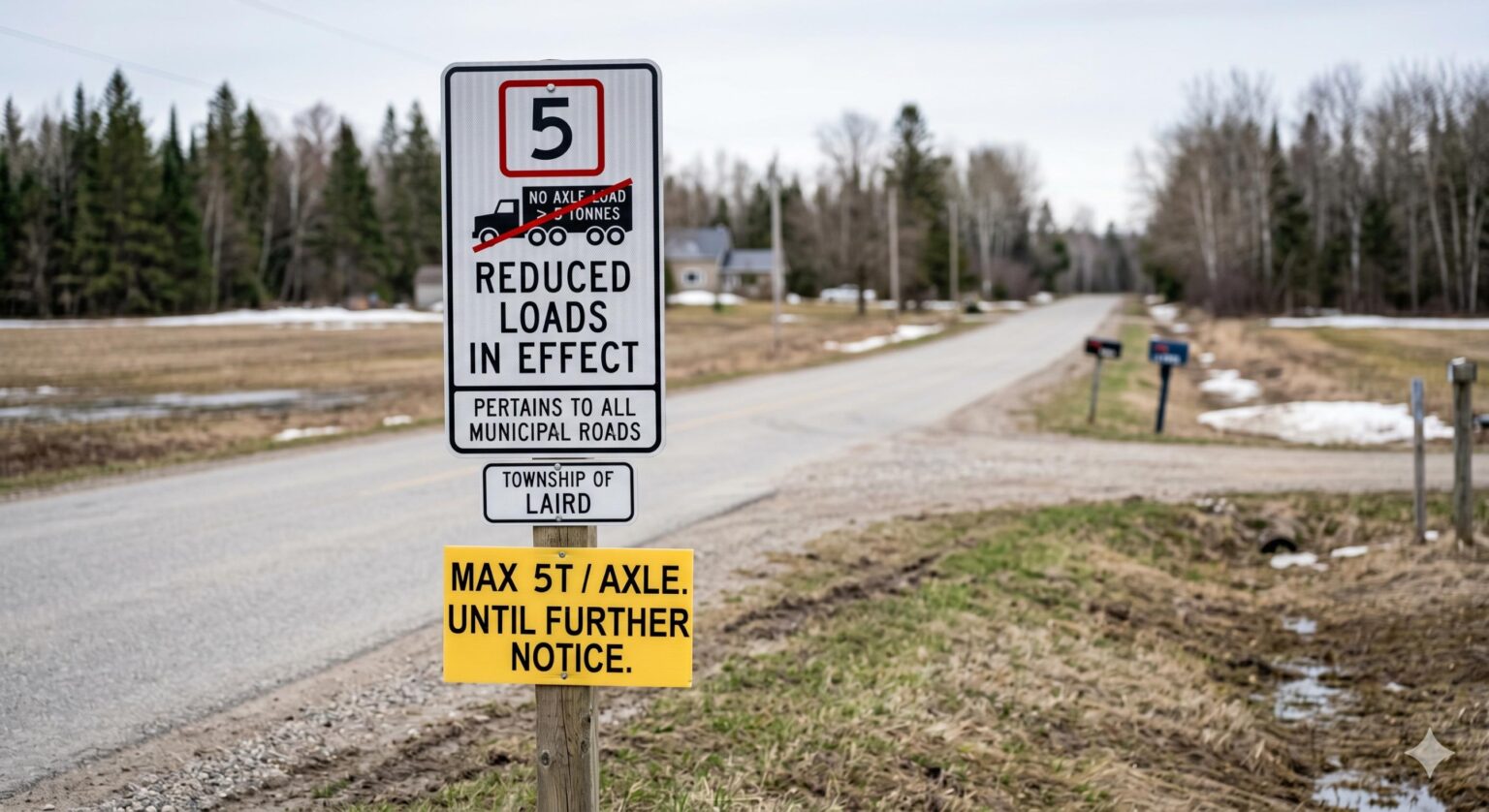 a white roadsign saying that 5 tonnes max standing by a melting snow roadway.