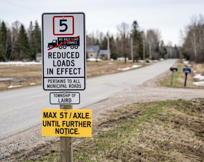 a white roadsign saying that 5 tonnes max standing by a melting snow roadway.
