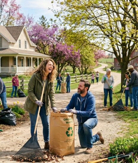 people raking and bagging on a quaint farm on a beautiful spring day