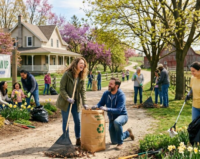 people raking and bagging on a quaint farm on a beautiful spring day