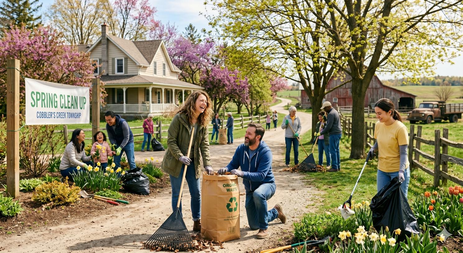 people raking and bagging on a quaint farm on a beautiful spring day