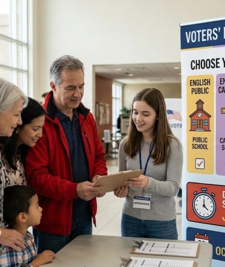 A group of five people examing a document on a clipboard in a bright room with a large sign with the words choose your school board.