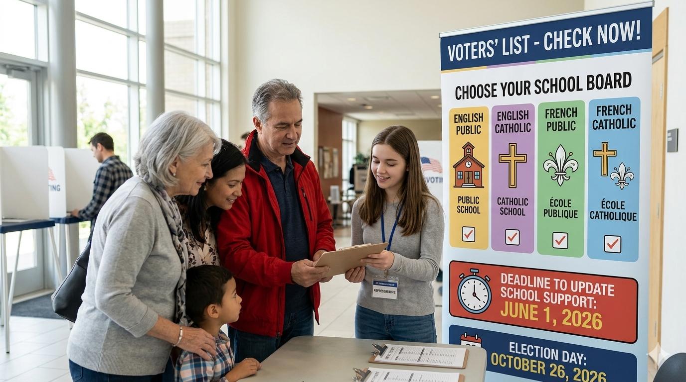 A group of five people examing a document on a clipboard in a bright room with a large sign with the words choose your school board.