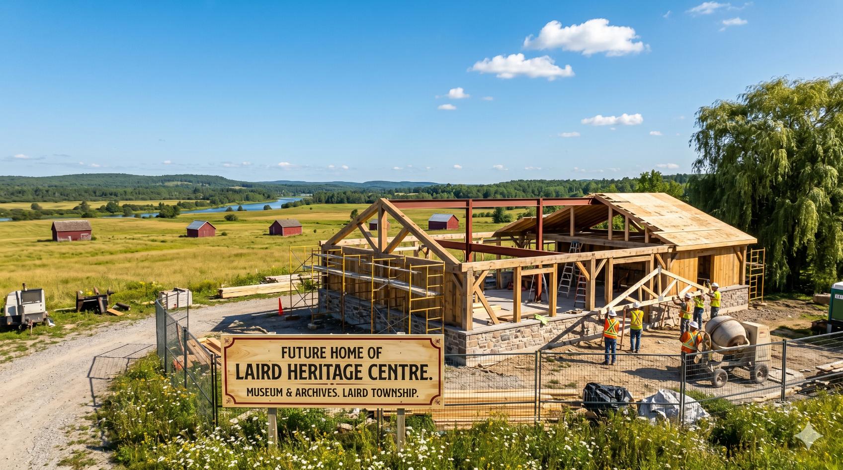 A photorealistic rendering of the future Laird Heritage Centre building under construction in a rural field on a sunny day.