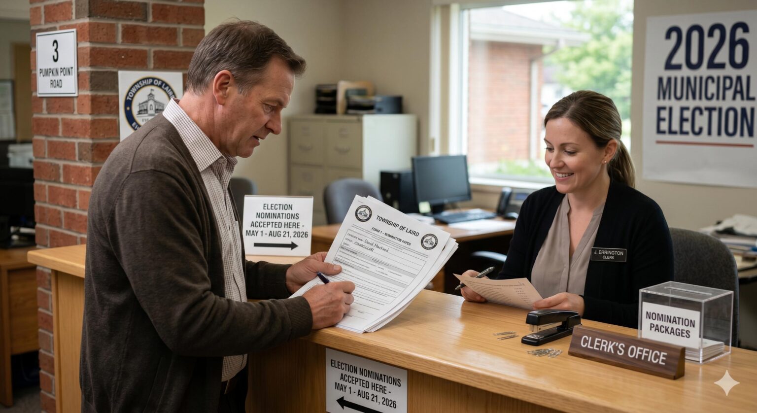 man at a customer counter signing a form in front of a female clerk.