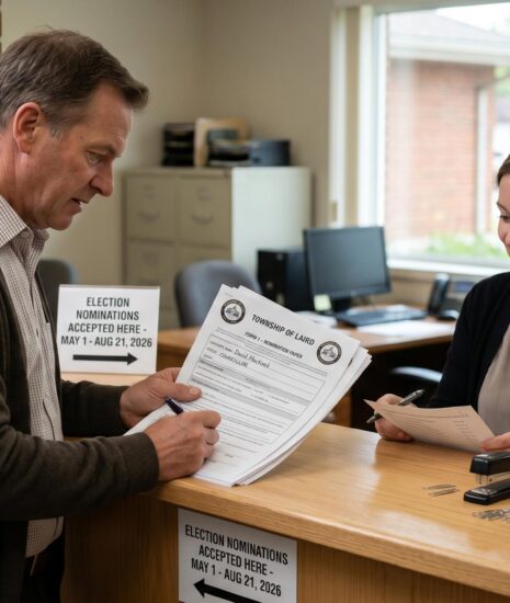man at a customer counter signing a form in front of a female clerk.