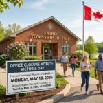 office with canada flag and closure notice sign