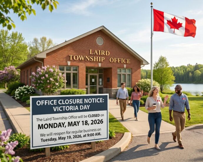 office with canada flag and closure notice sign