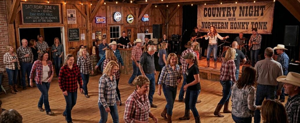 People line dancing in a barn-style nightclub
