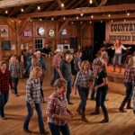 People line dancing in a barn-style nightclub