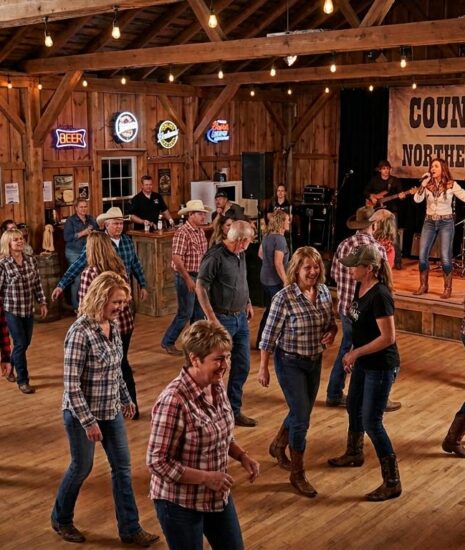 People line dancing in a barn-style nightclub