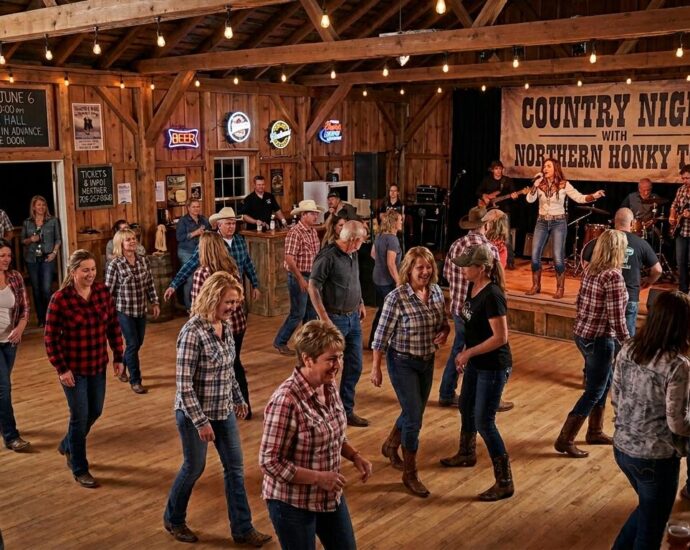 People line dancing in a barn-style nightclub