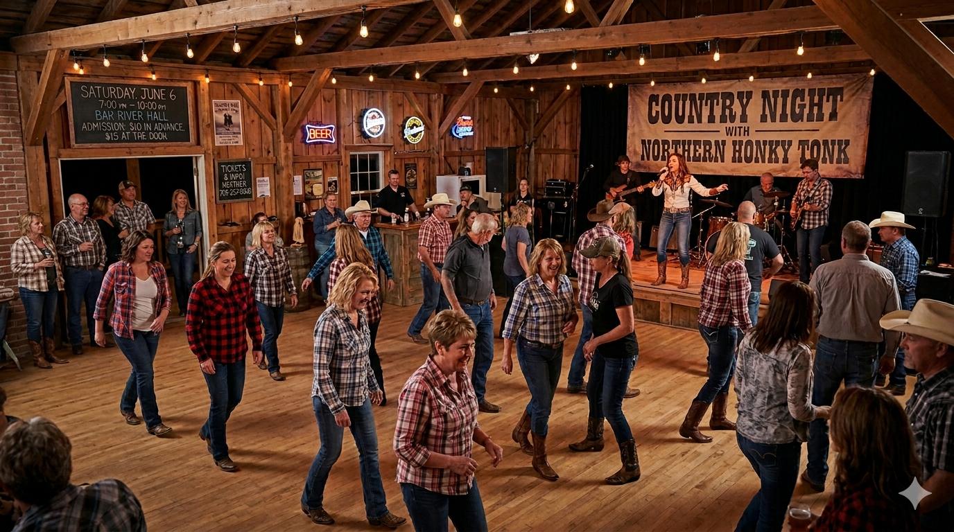 People line dancing in a barn-style nightclub
