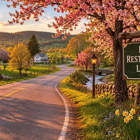 Quaint country road in spring with sign saying load restrictions lifted