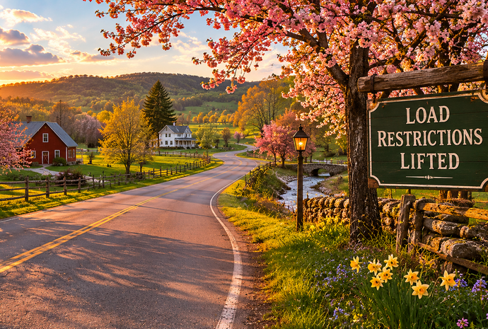Quaint country road in spring with sign saying load restrictions lifted