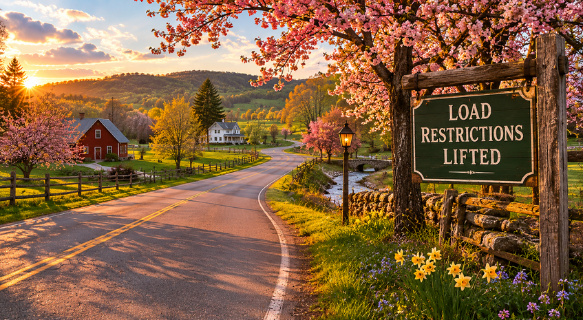 Quaint country road in spring with sign saying load restrictions lifted