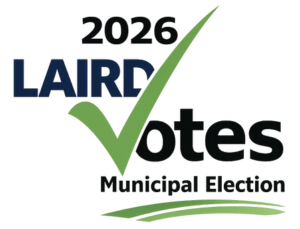 Logo for the 2026 election with a large green checkmark through the words 2026 Laird Votes Municipal Election