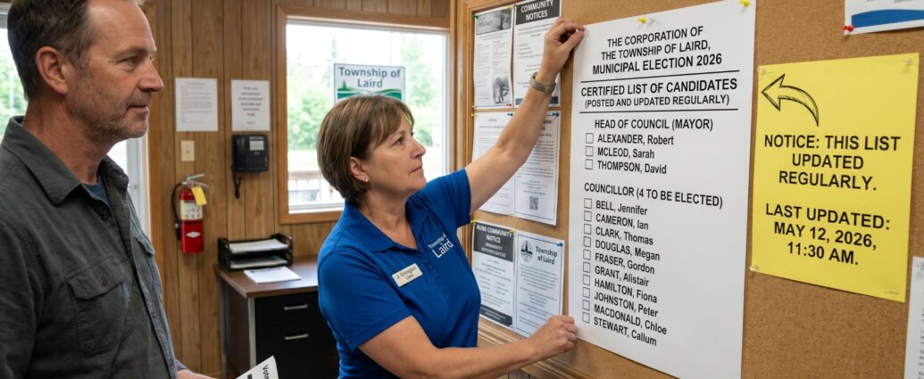 Person in office posting a notice on a bulletin board