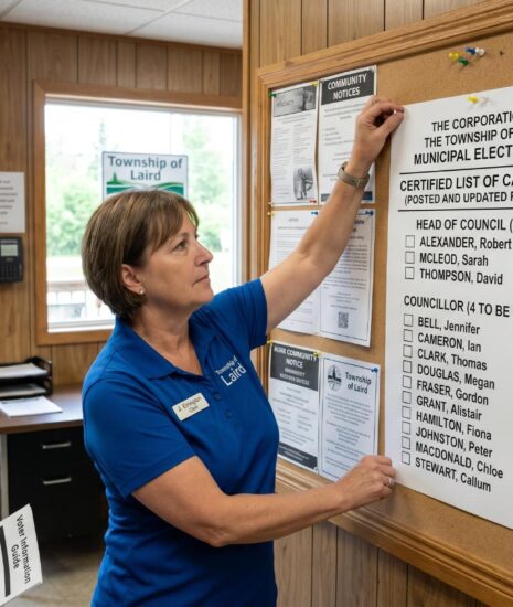 Person in office posting a notice on a bulletin board
