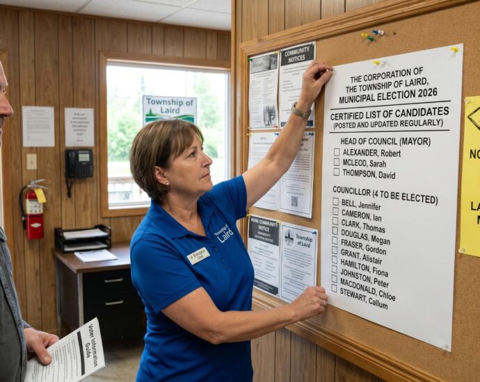 Person in office posting a notice on a bulletin board